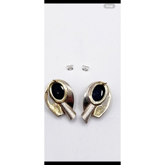 VTG Sterling Silver & Vermeil Modernist Earrings 925 Black Cabochon Faux Pearl - Picture 10 of 11
